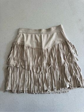 Francesca's Collections Beige Fringe Tiered Mini Skirt